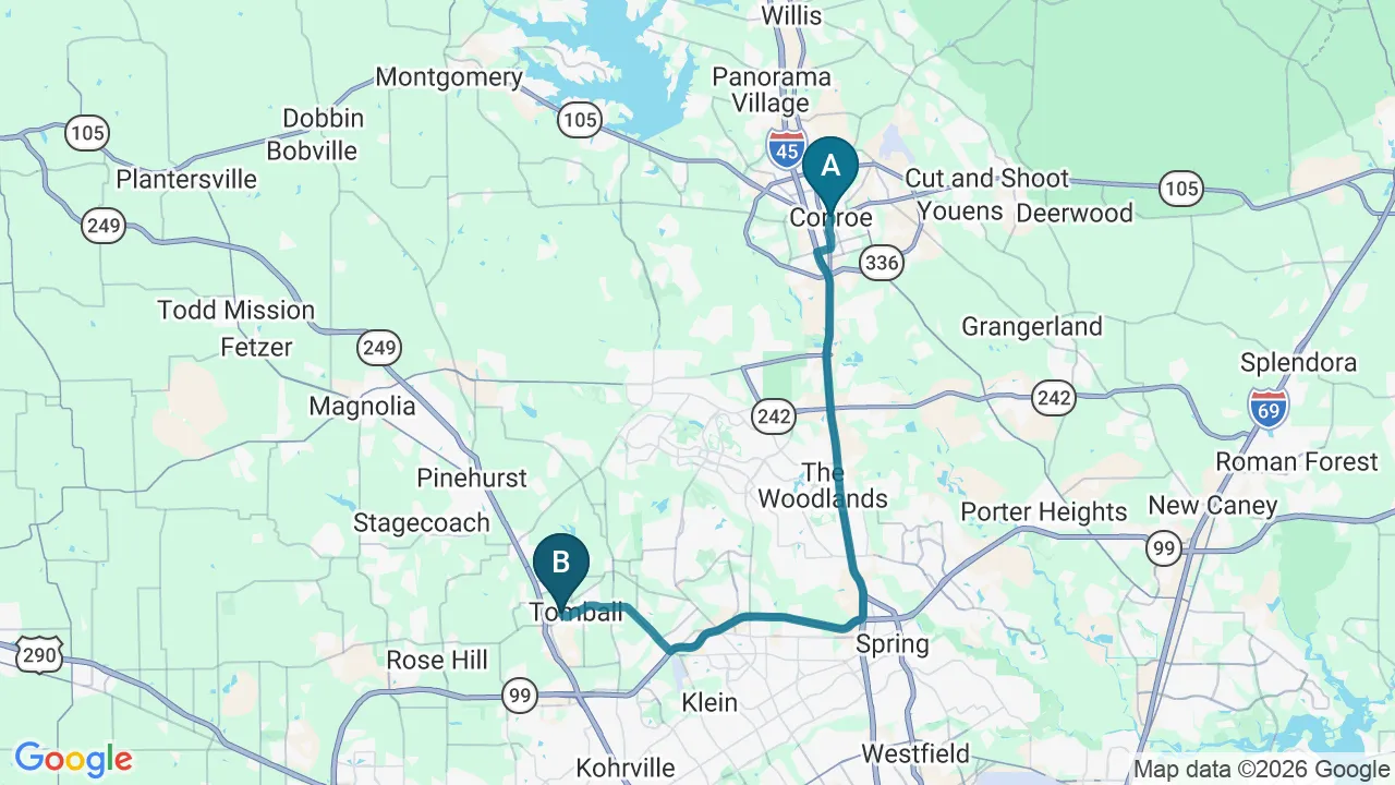 Driving directions map from Conroe, TX to Bluebonnet Chiropractic in Tomball