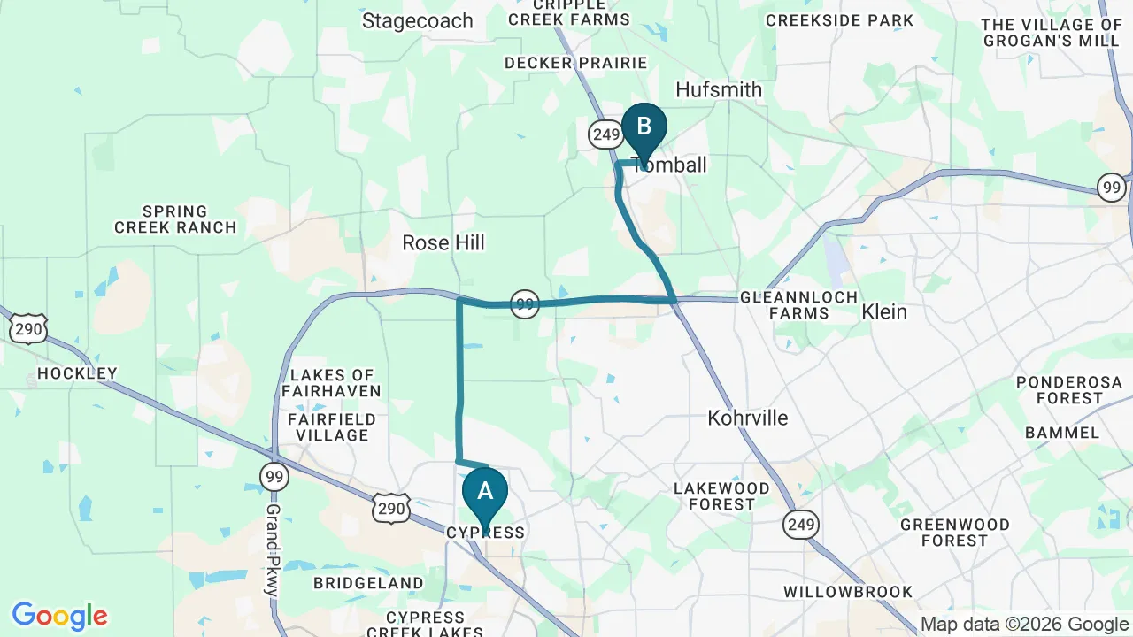 Driving directions map from Cypress, TX to Bluebonnet Chiropractic in Tomball