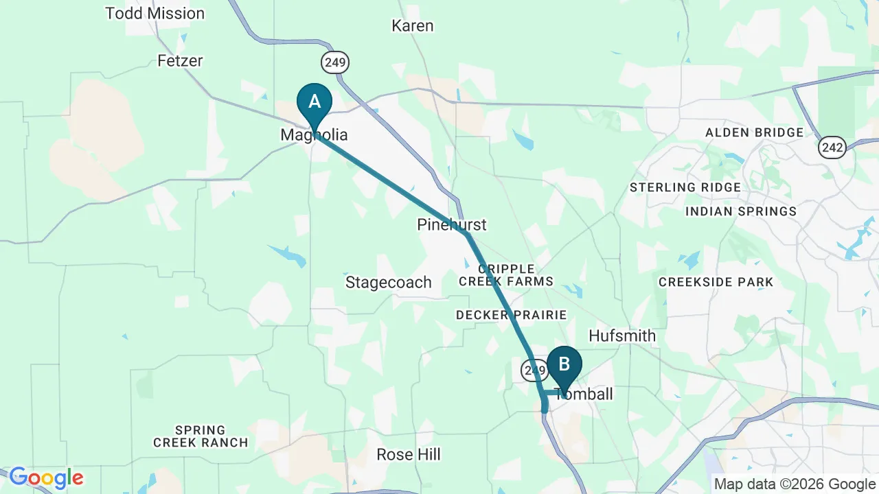Driving directions map from Magnolia, TX to Bluebonnet Chiropractic in Tomball