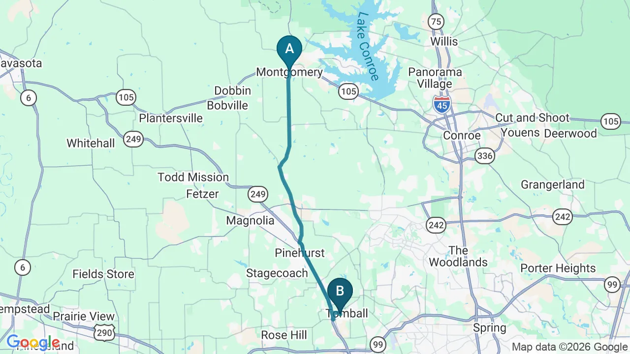 Driving directions map from Montgomery, TX to Bluebonnet Chiropractic in Tomball