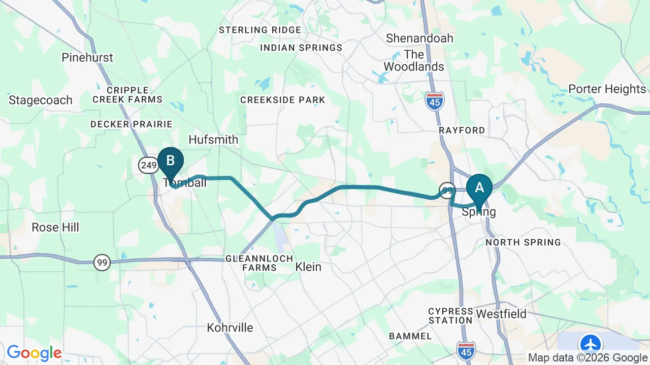 Driving directions map from Spring, TX to Bluebonnet Chiropractic in Tomball