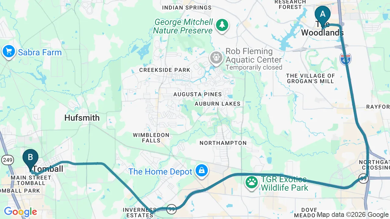 Driving directions map from The Woodlands, TX to Bluebonnet Chiropractic in Tomball
